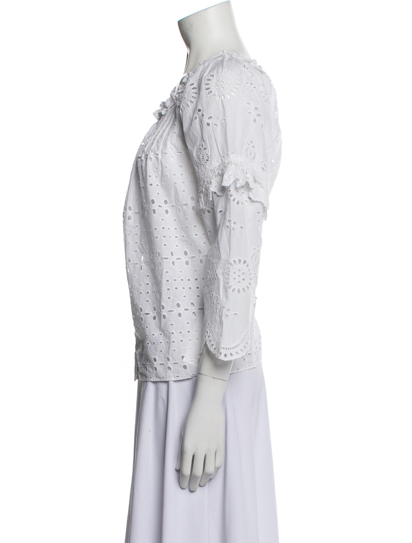 LoveShackFancy Scoop Neck Three-Quarter Sleeve Blouse