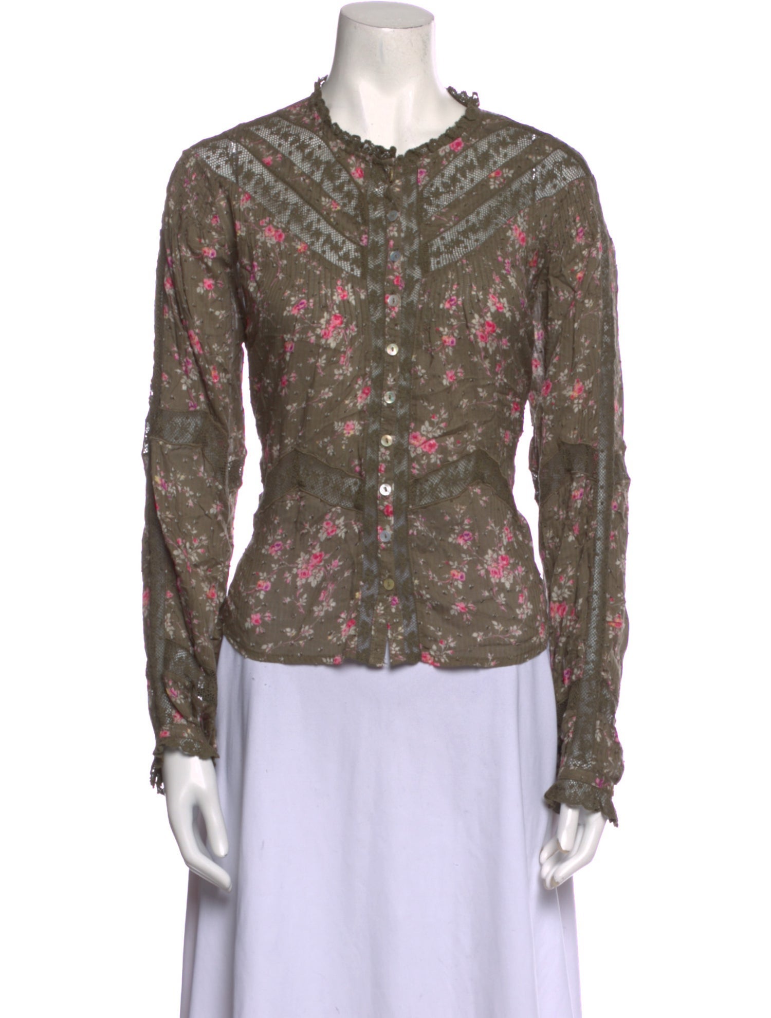 LoveShackFancy Floral Print Crew Neck Button-Up Top