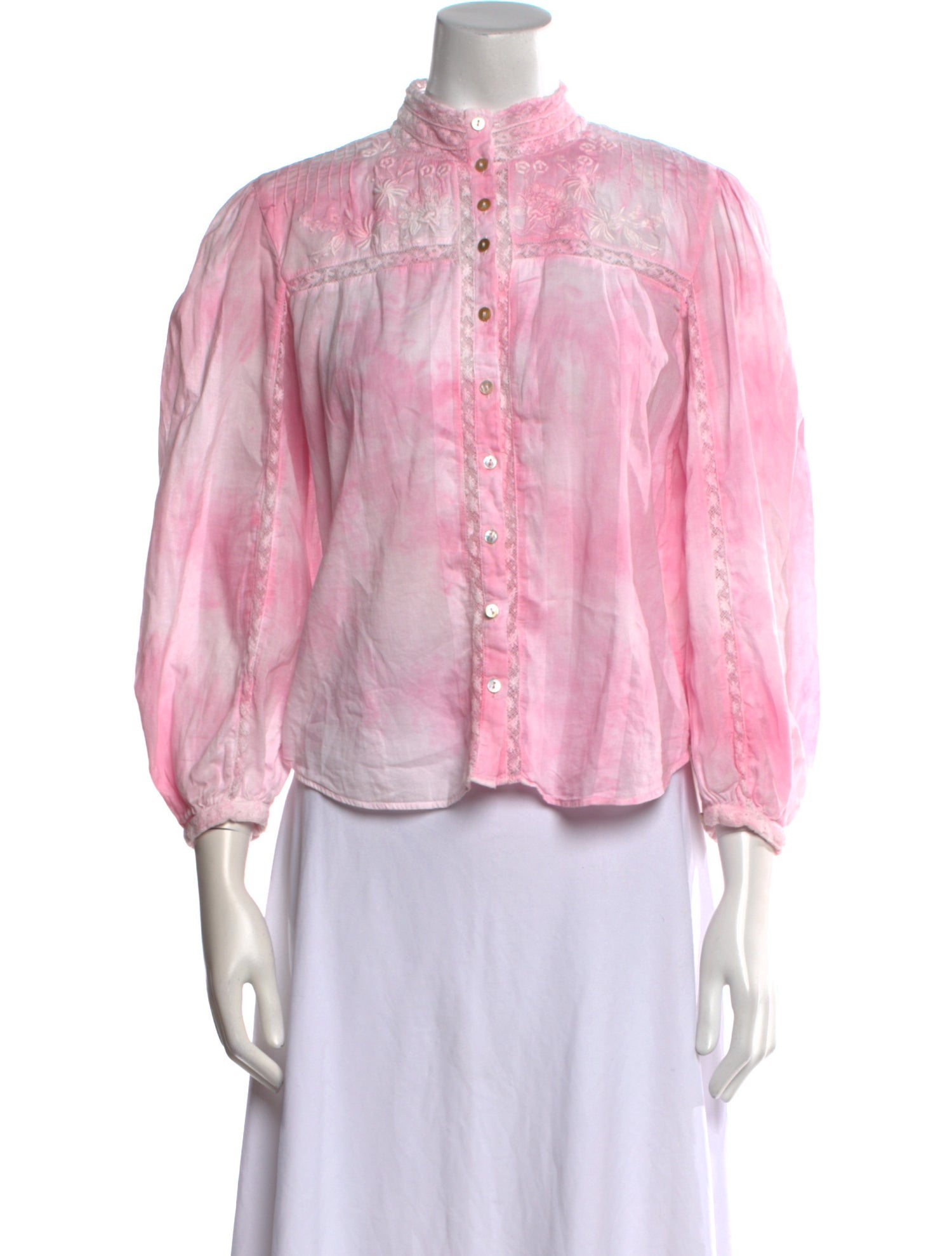 LoveShackFancy Tie-Dye Print Mock Neck Button-Up Top