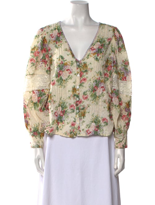 LoveShackFancy Floral Print V-Neck Blouse