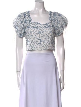 LoveShackFancy Floral Print Square Neckline Crop Top