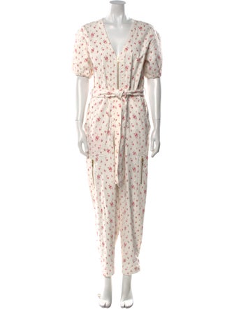 LoveShackFancy Floral Print V-Neck Jumpsuit