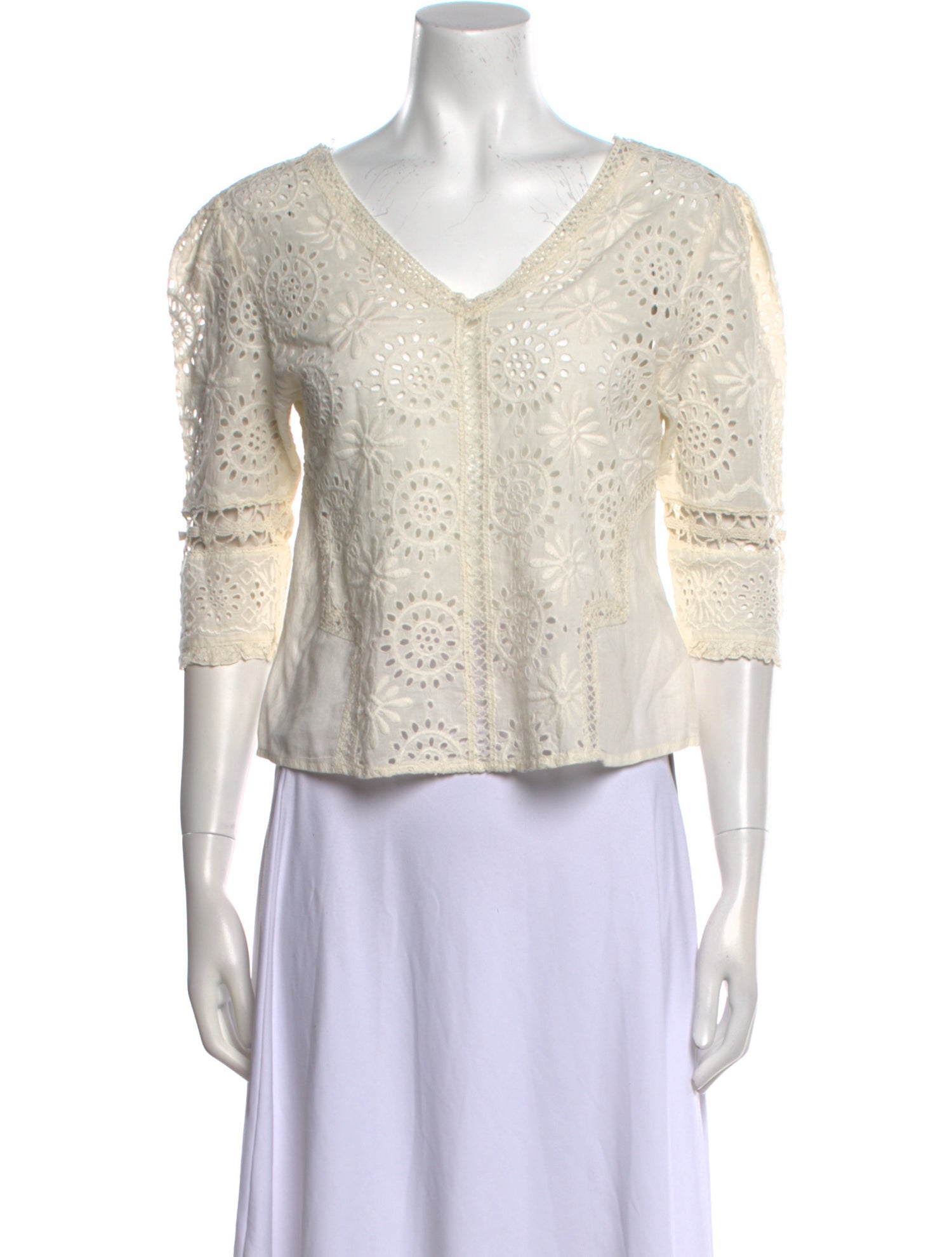 LoveShackFancy V-Neck Three-Quarter Sleeve Crop Top