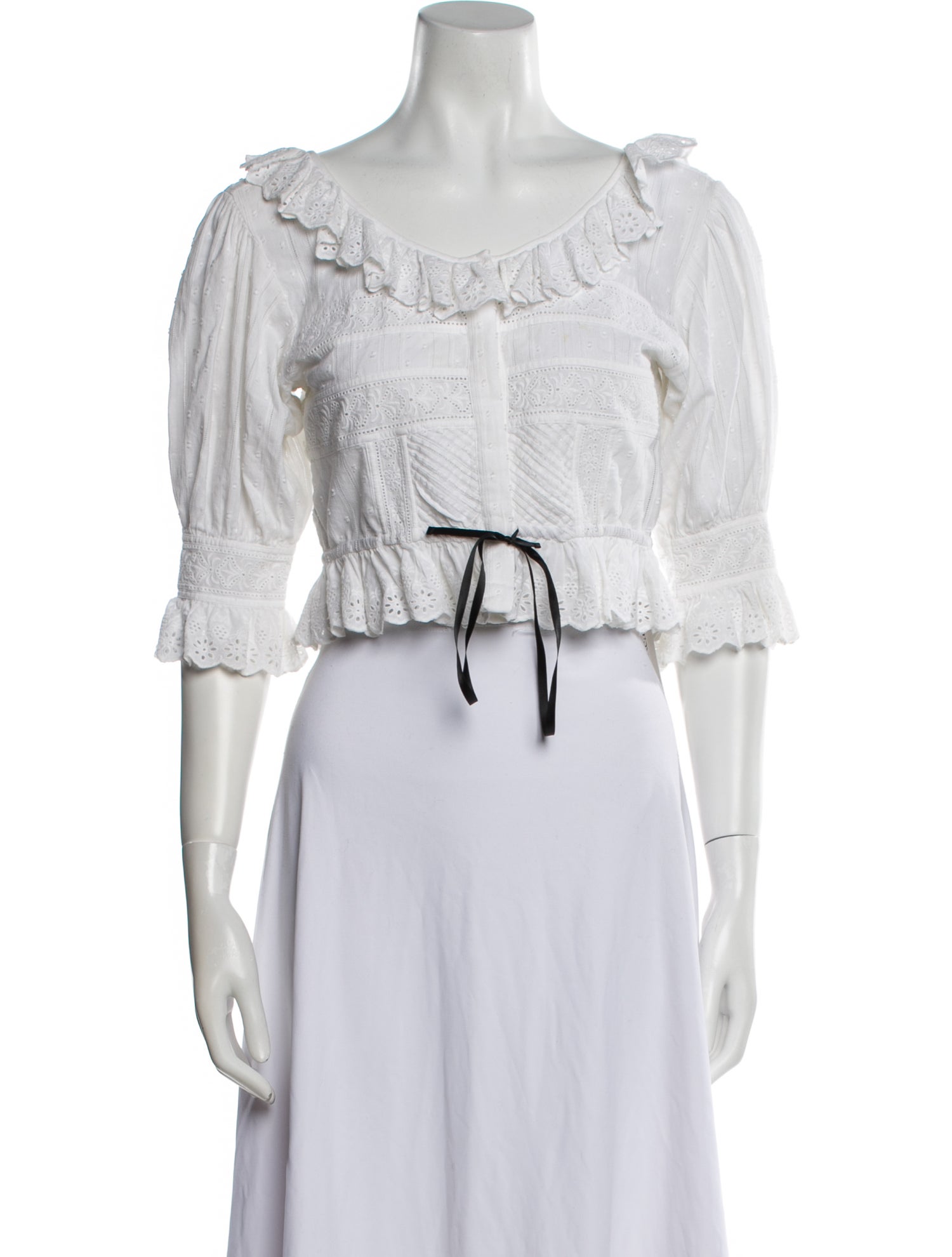 LoveShackFancy Off-The-Shoulder Three-Quarter Sleeve Crop Top