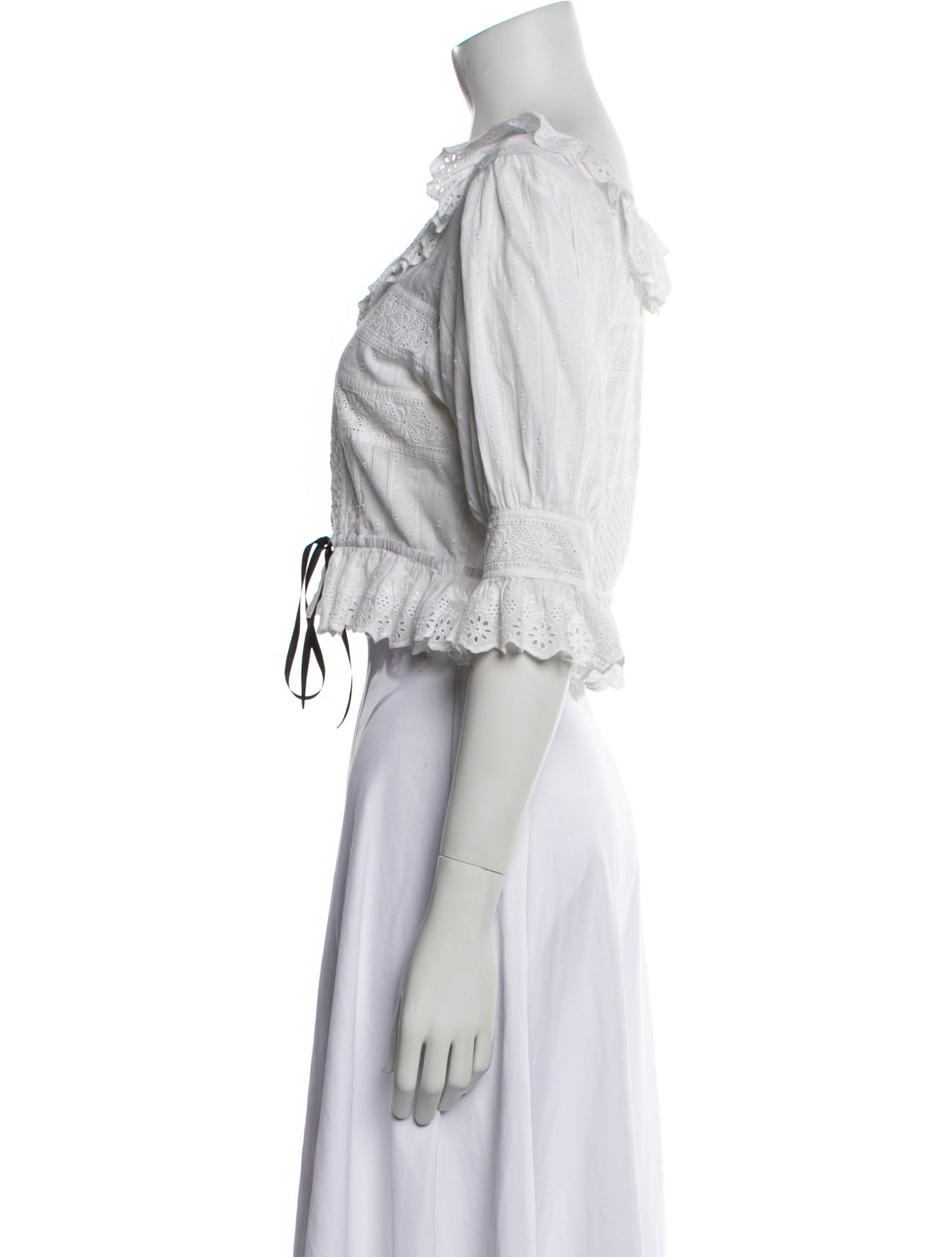 LoveShackFancy Off-The-Shoulder Three-Quarter Sleeve Crop Top