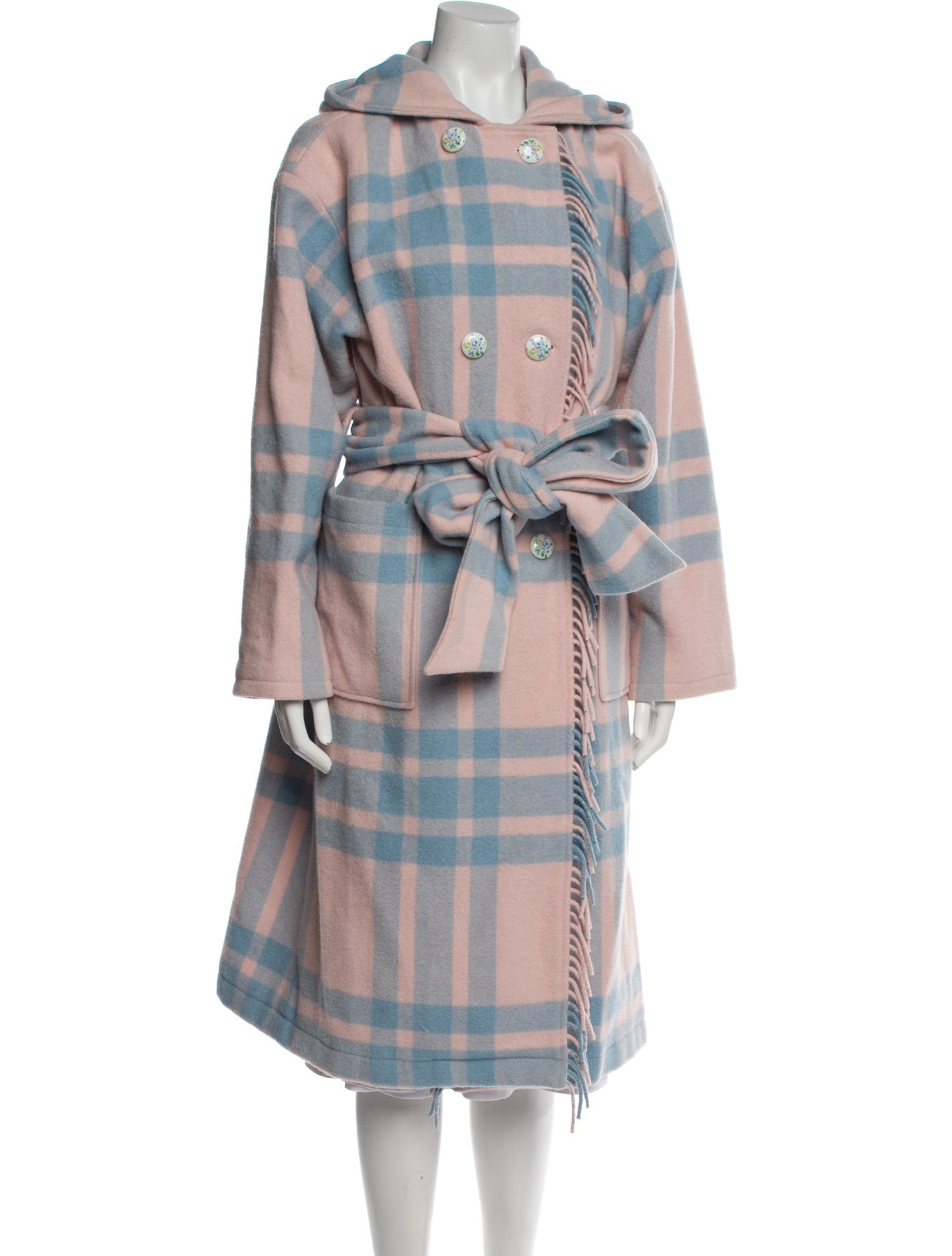 LoveShackFancy Wool Plaid Print Trench Coat