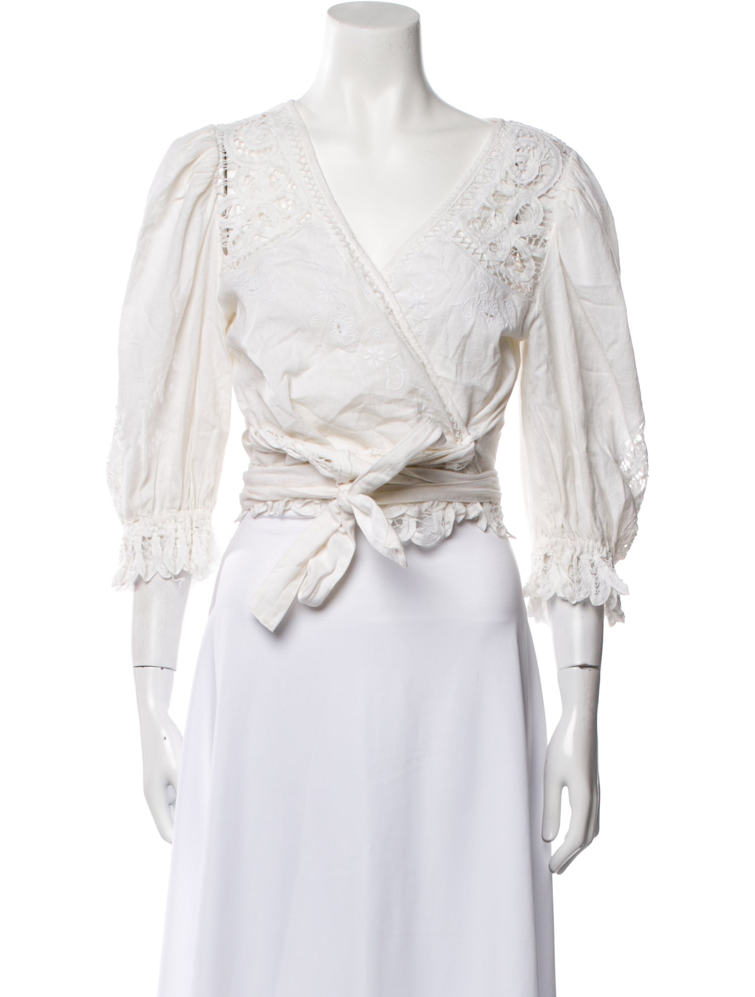 LoveShackFancy V-Neck Three-Quarter Sleeve Crop Top