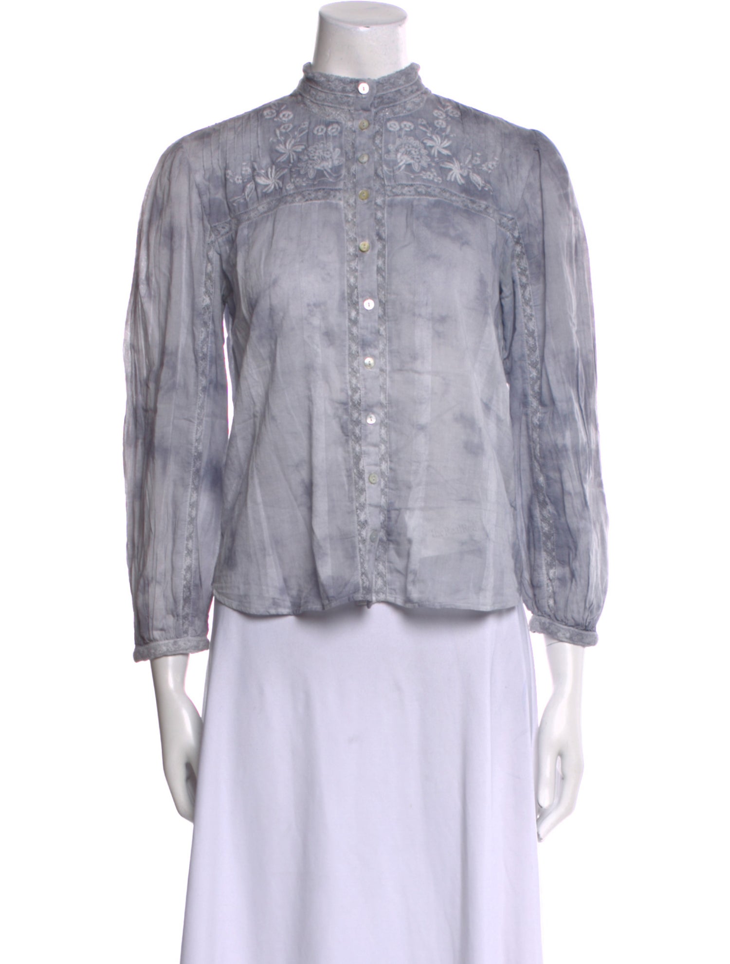 LoveShackFancy Mock Neck Three-Quarter Sleeve Button-Up Top