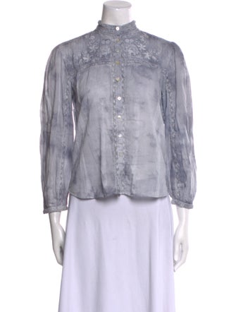 LoveShackFancy Mock Neck Three-Quarter Sleeve Button-Up Top