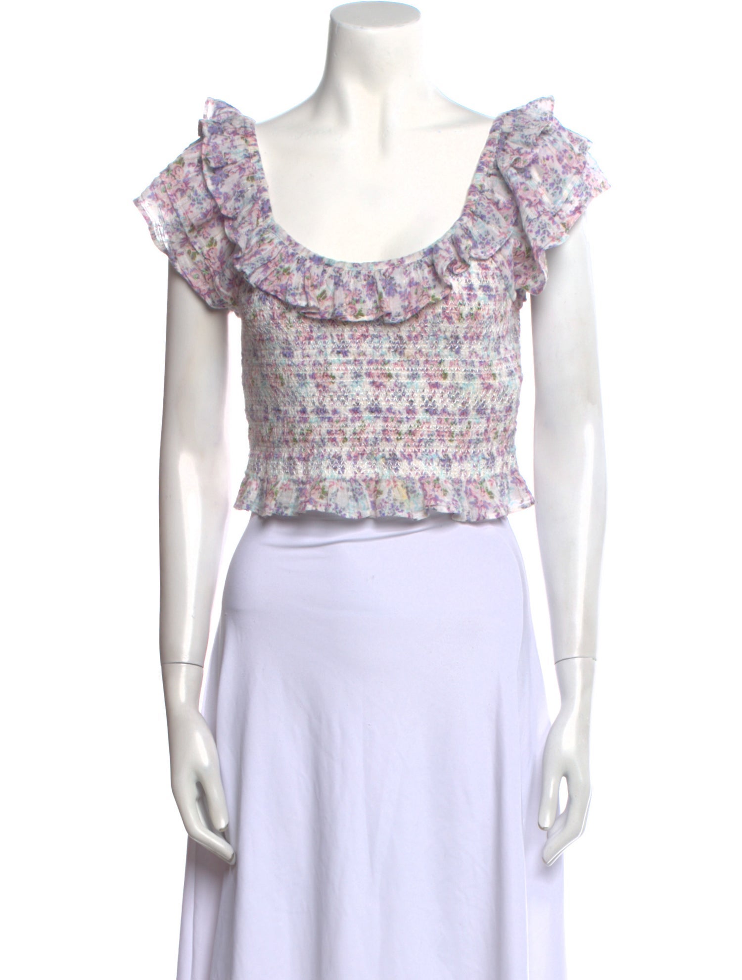 LoveShackFancy Floral Print Scoop Neck Crop Top