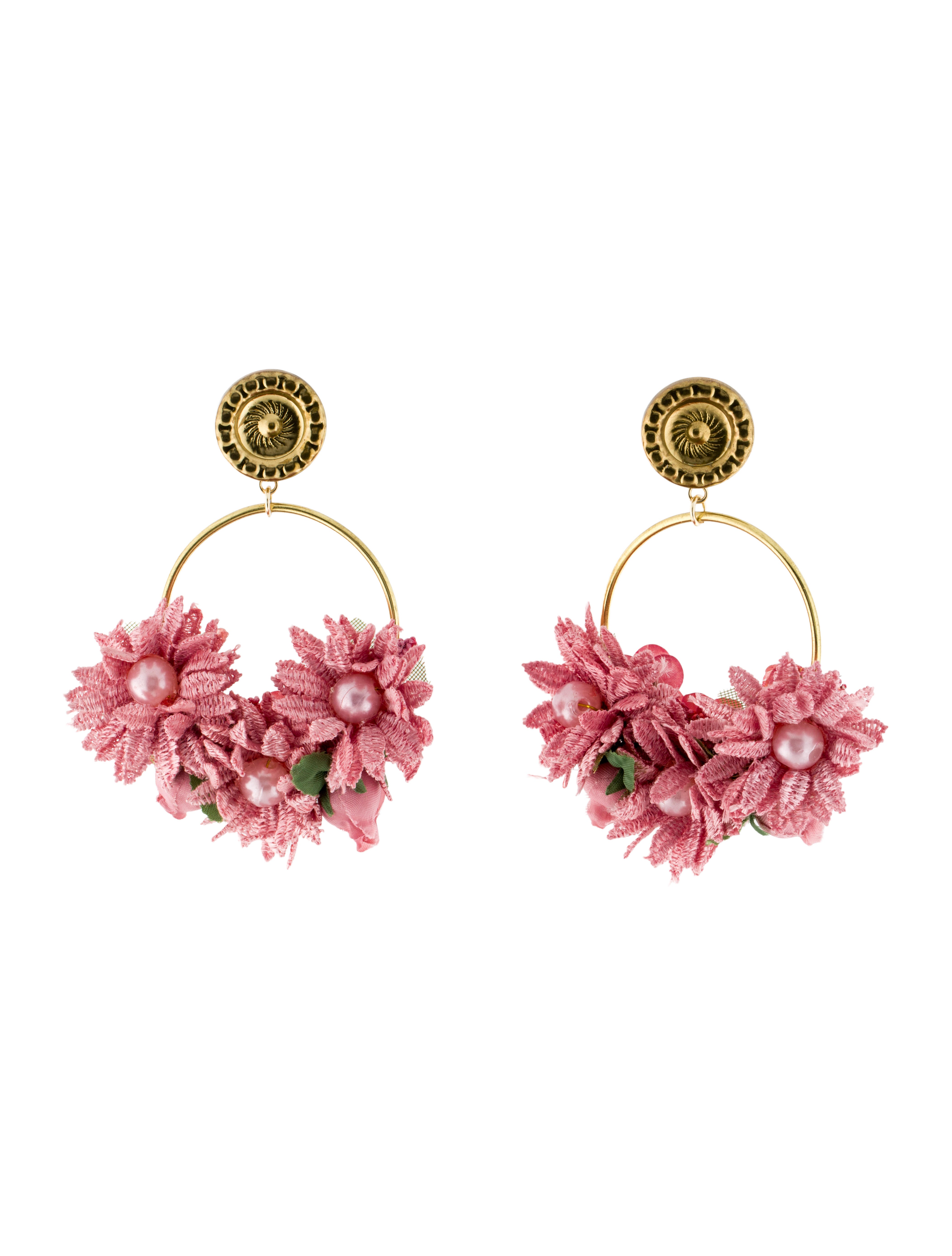 LoveShackFancy Faux Pearl & Fabric Flowers Drop Earrings