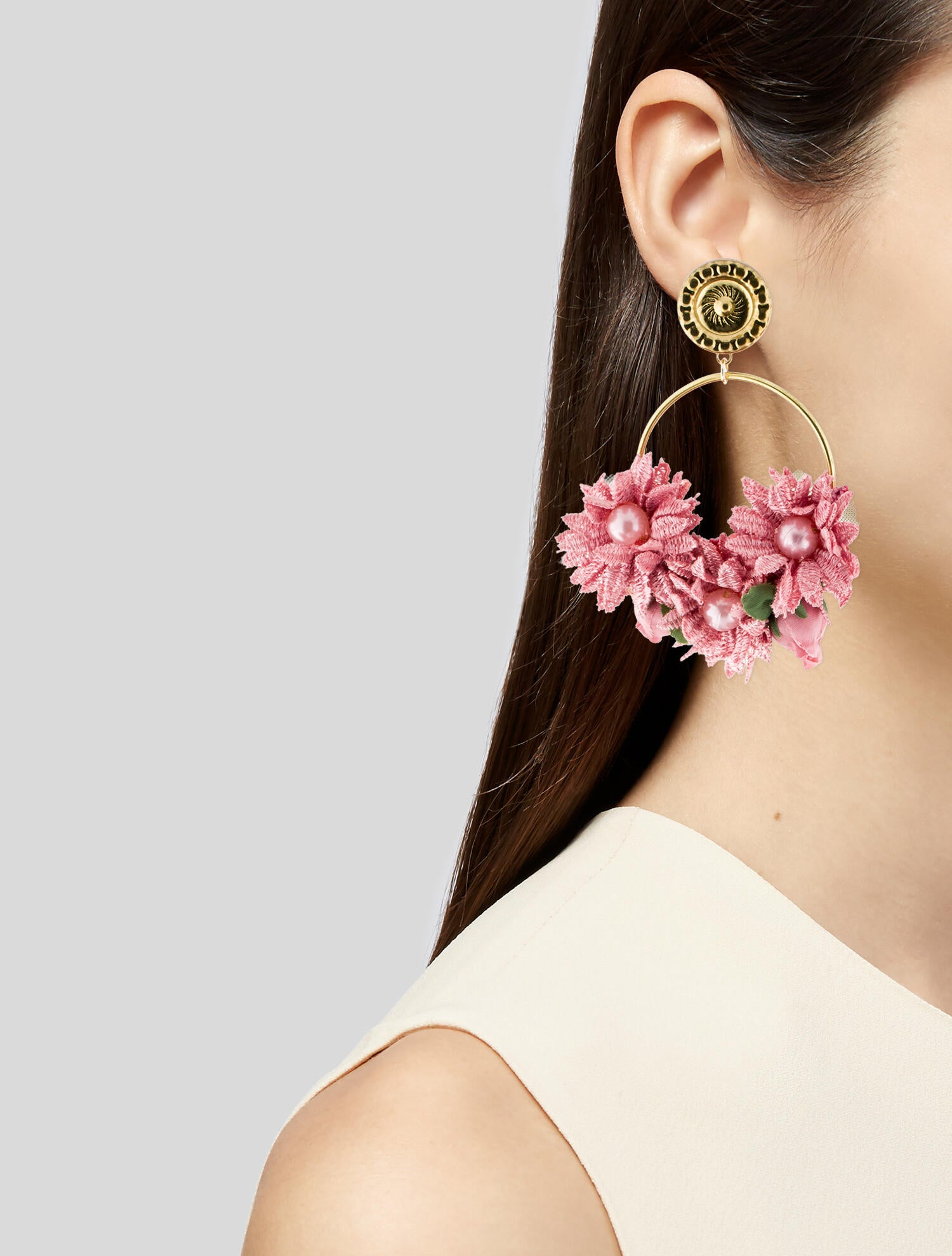 LoveShackFancy Faux Pearl & Fabric Flowers Drop Earrings