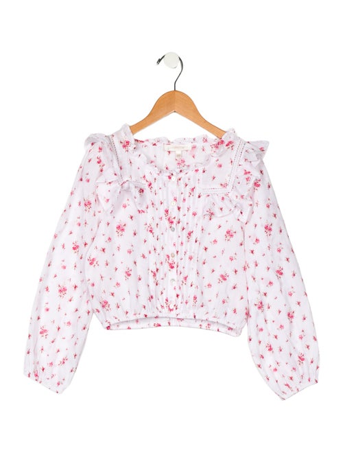 LoveShackFancy Girls' Ruffle and Lace Trim Embellished Long Sleeve Top