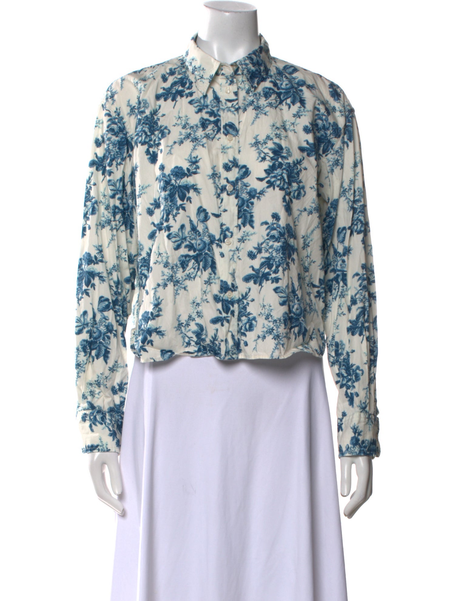 LoveShackFancy Floral Print Mock Neck Button-Up Top