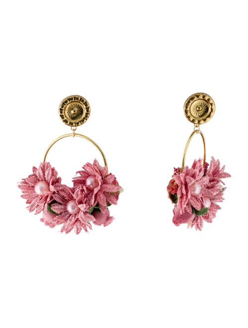 LoveShackFancy Faux Pearl & Fabric Flowers Drop Earrings