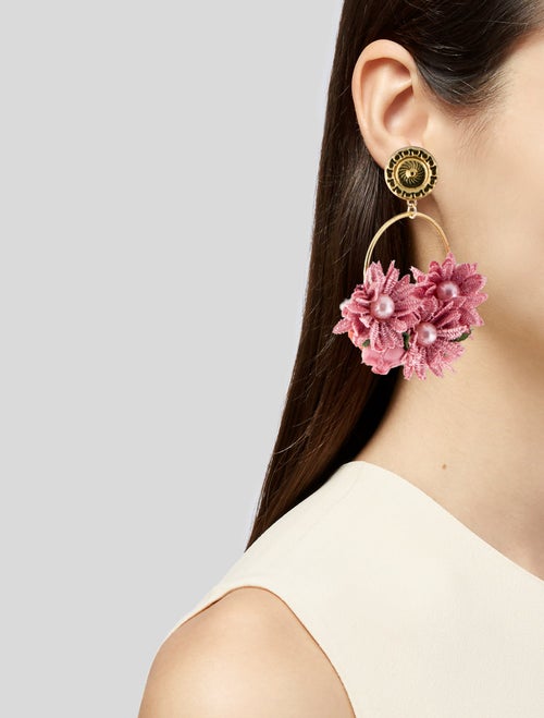 LoveShackFancy Faux Pearl & Fabric Flowers Drop Earrings
