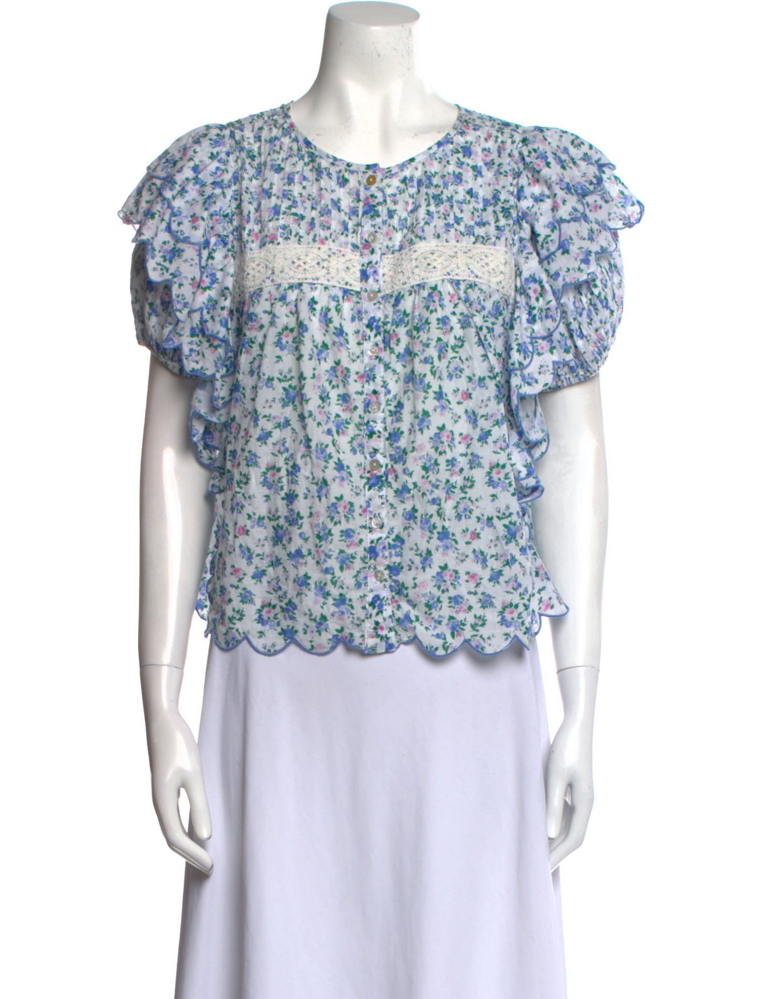 LoveShackFancy Floral Print Crew Neck Blouse