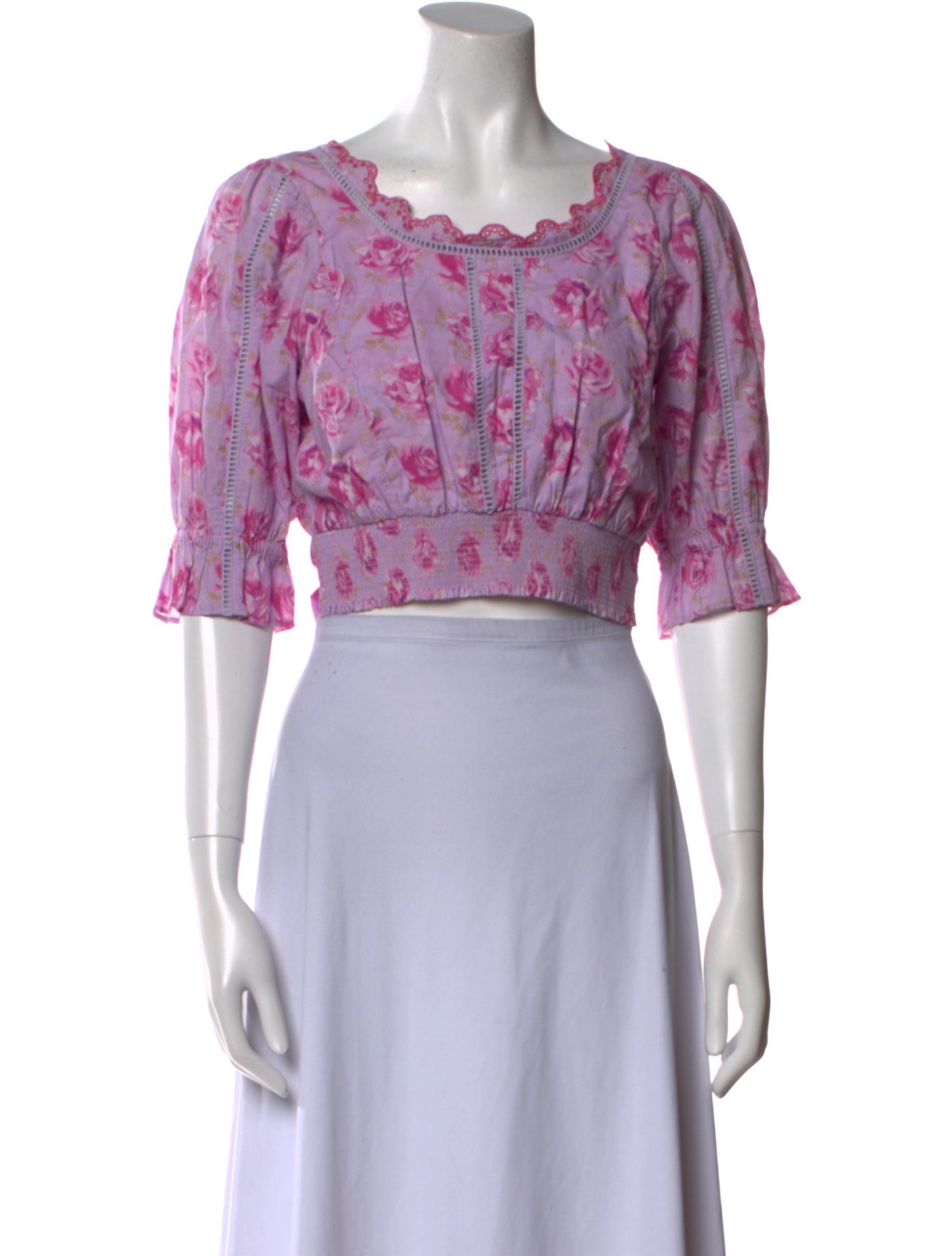 LoveShackFancy Floral Print Scoop Neck Crop Top