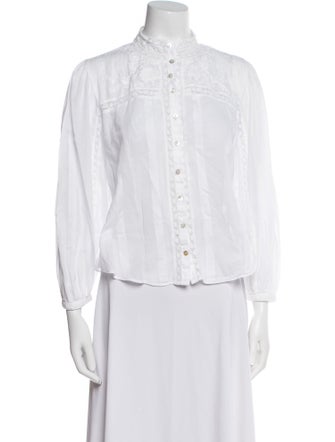 LoveShackFancy Mock Neck Three-Quarter Sleeve Button-Up Top