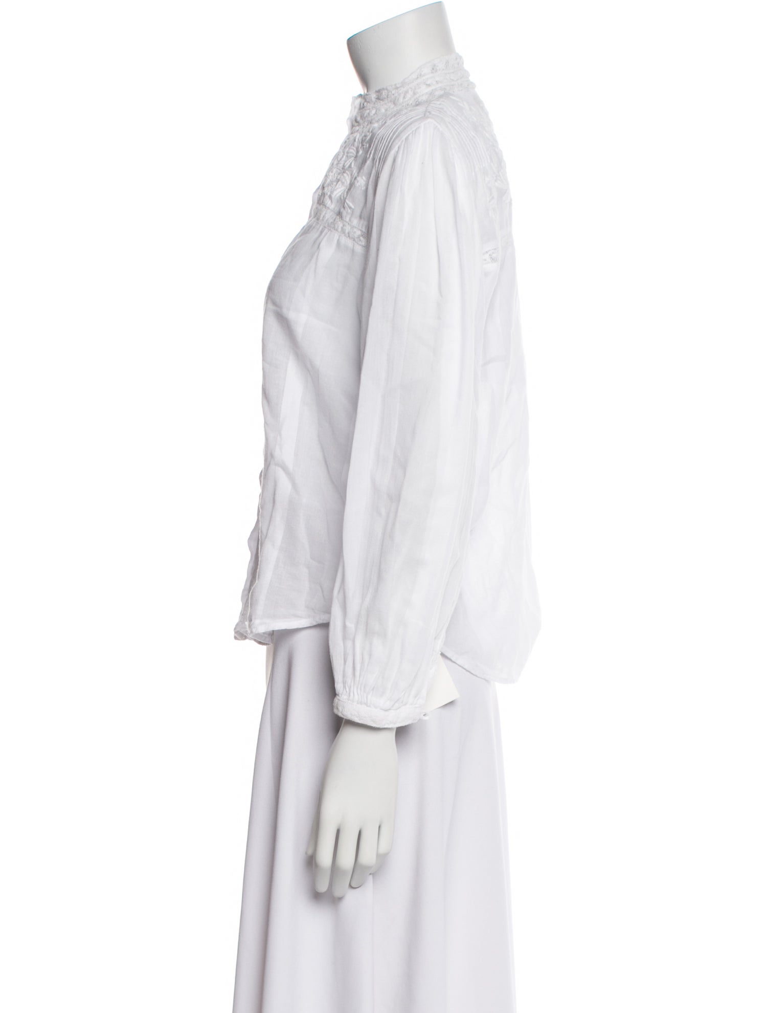 LoveShackFancy Mock Neck Three-Quarter Sleeve Button-Up Top