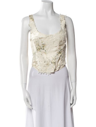 LoveShackFancy Floral Print Scoop Neck Crop Top