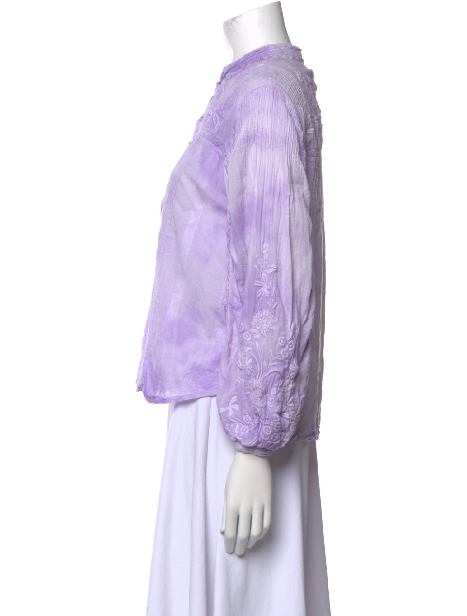 LoveShackFancy Mock Neck Three-Quarter Sleeve Button-Up Top