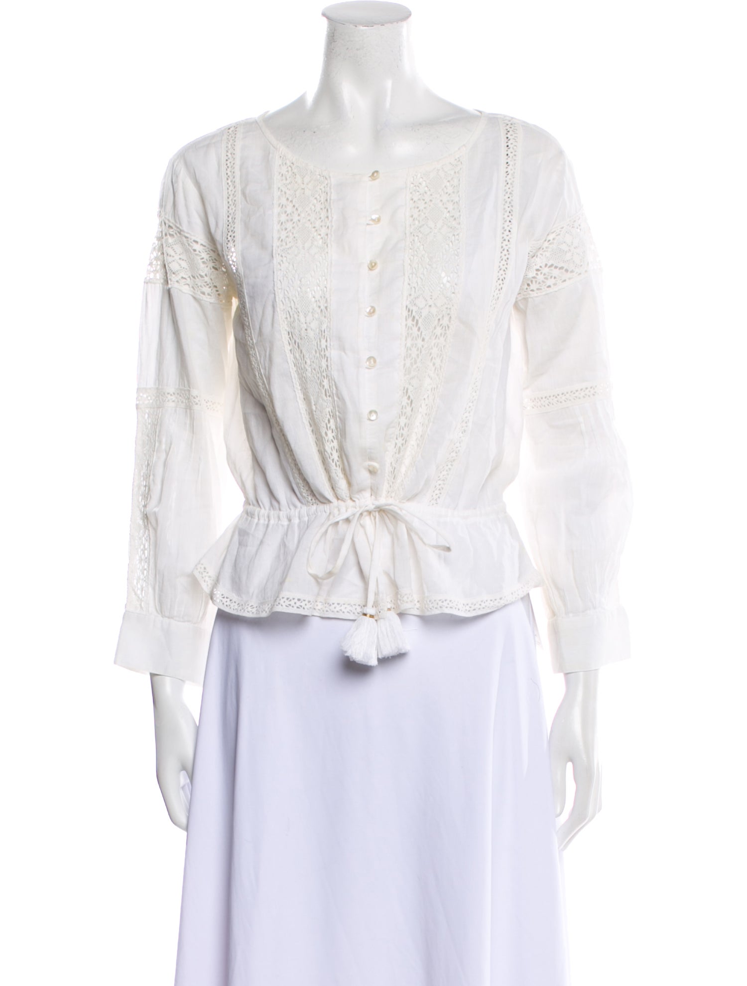 LoveShackFancy Scoop Neck Three-Quarter Sleeve Button-Up Top