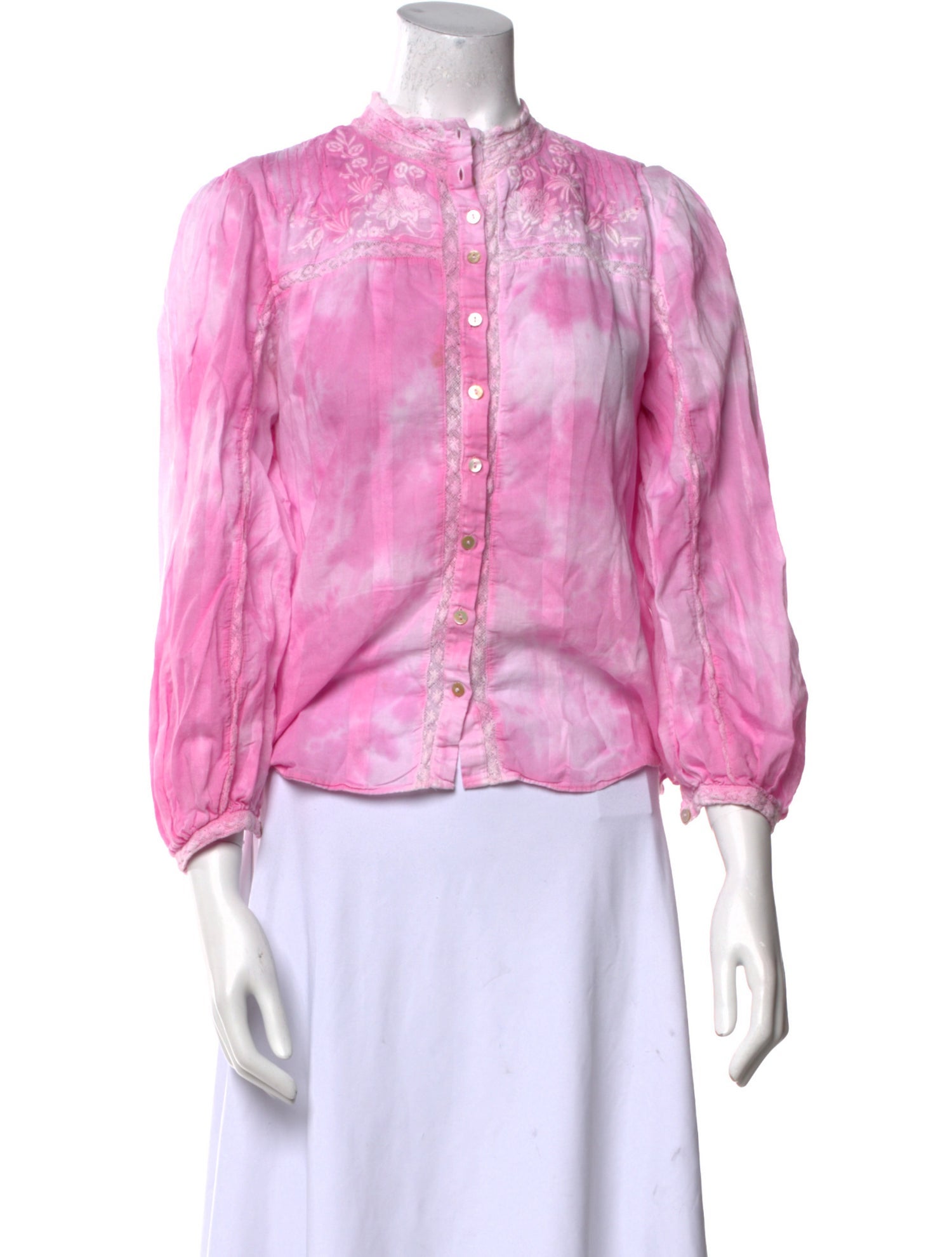 LoveShackFancy Tie-Dye Print Mock Neck Button-Up Top