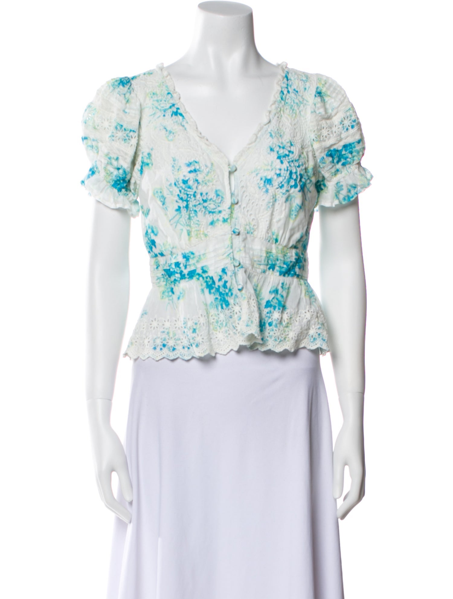 LoveShackFancy Floral Print V-Neck Crop Top