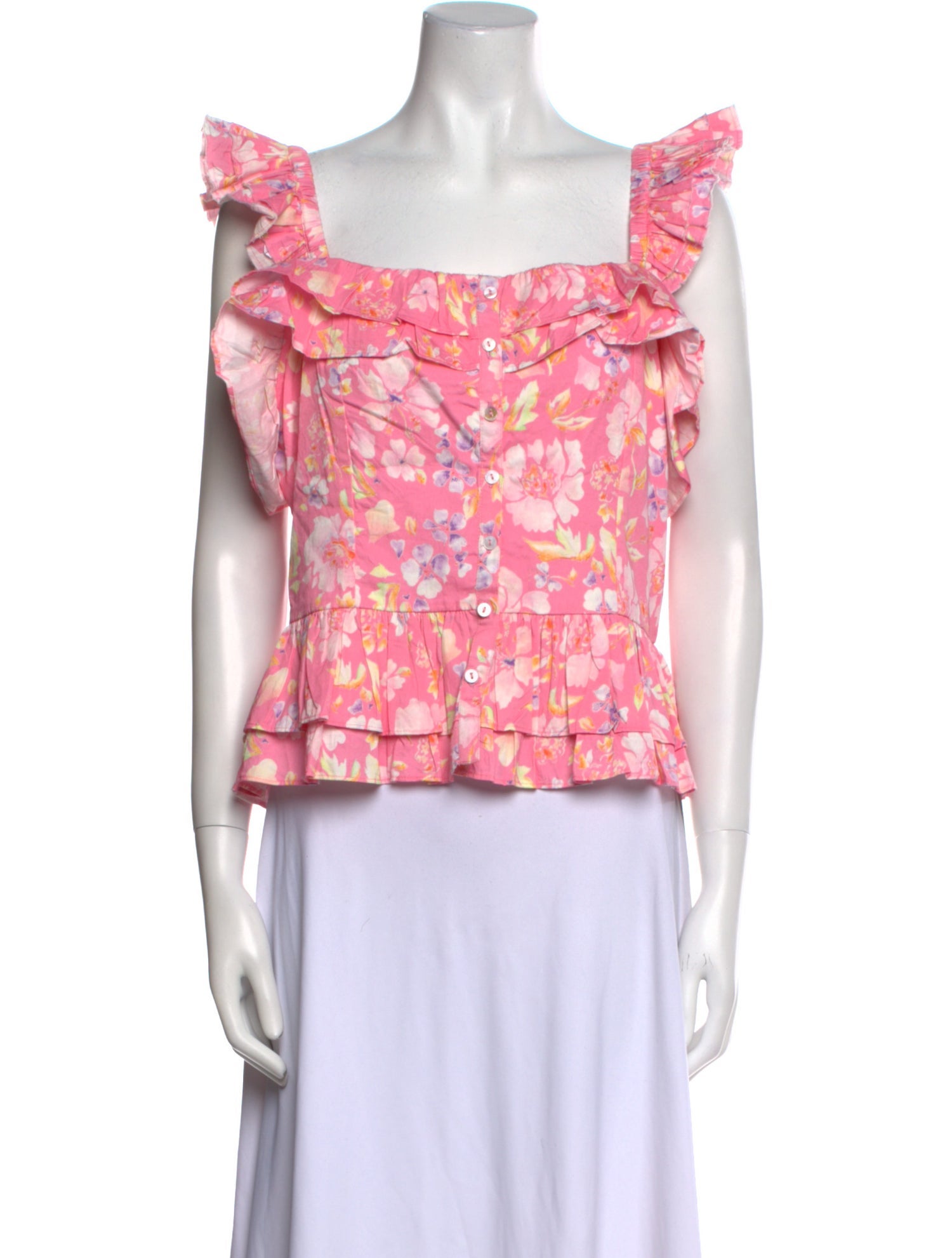 LoveShackFancy Floral Print Square Neckline Crop Top