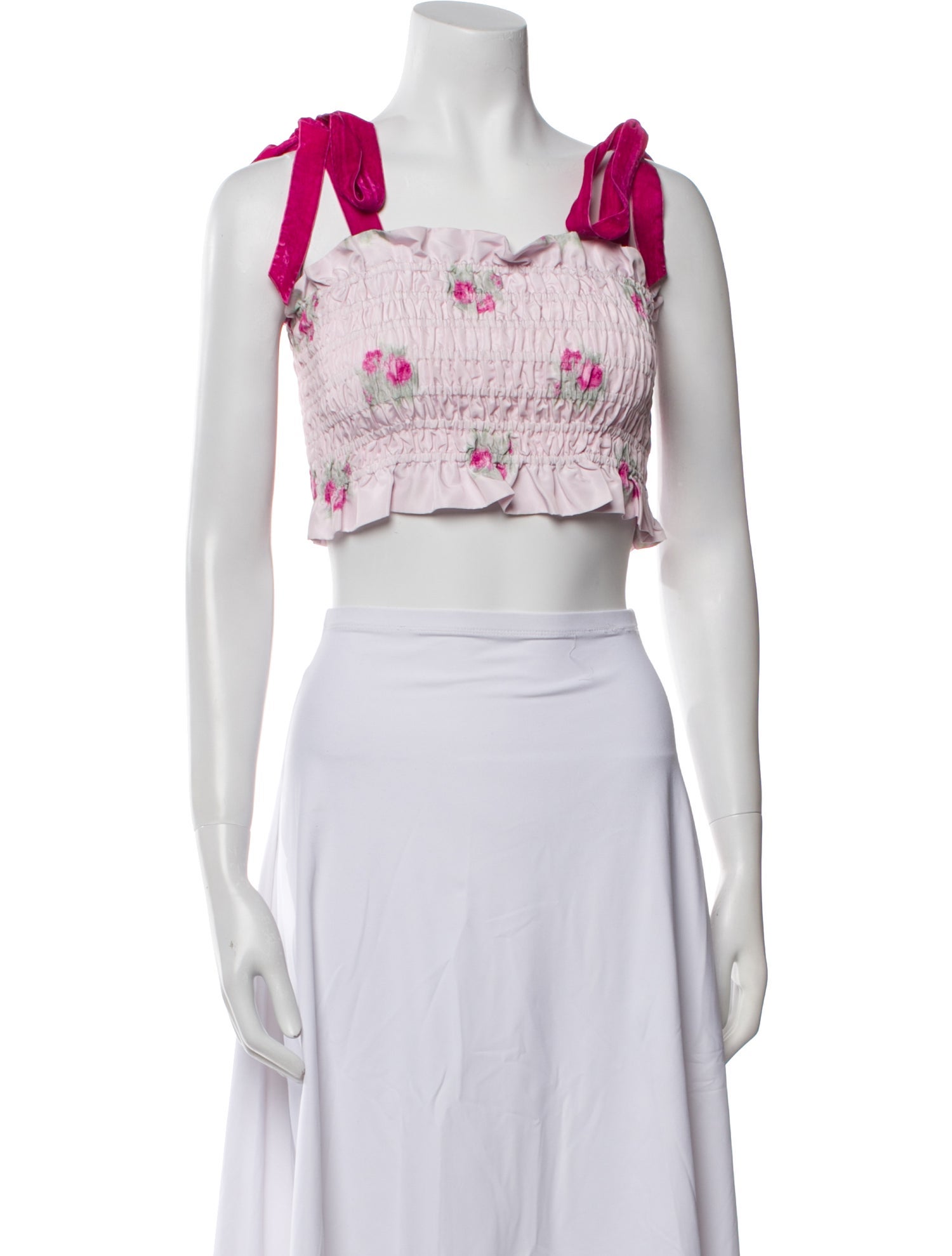 LoveShackFancy Floral Print Square Neckline Crop Top