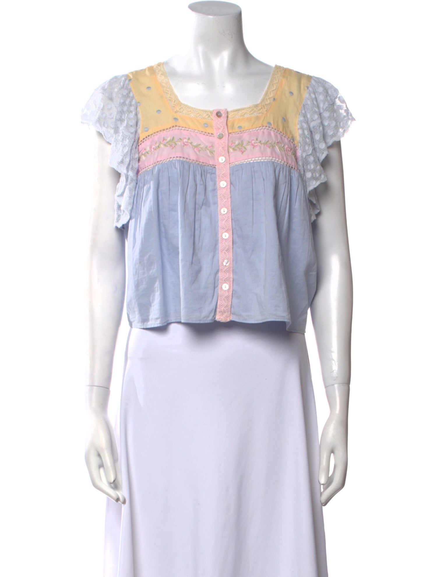 LoveShackFancy Colorblock Pattern Square Neckline Crop Top