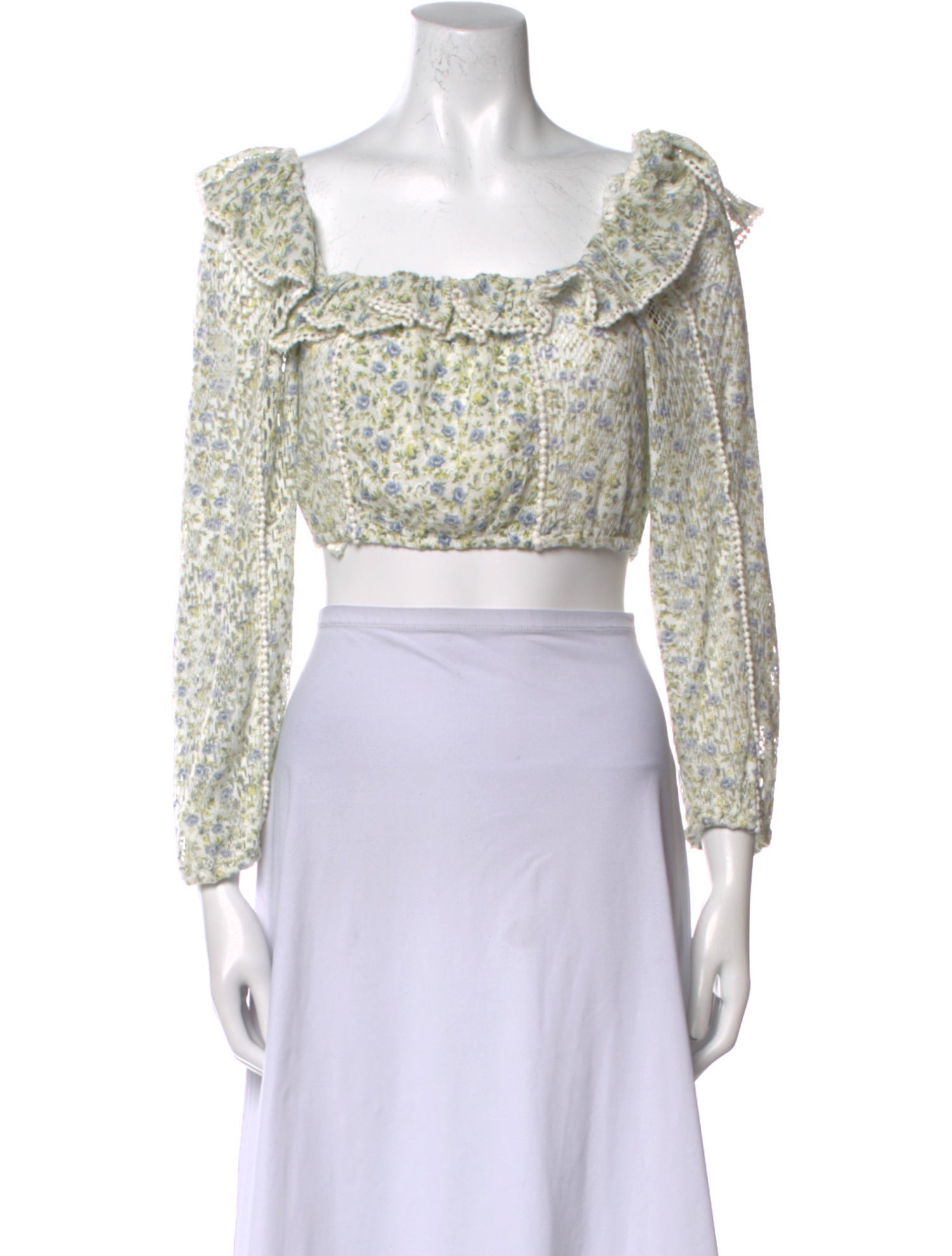 LoveShackFancy Floral Print Square Neckline Crop Top
