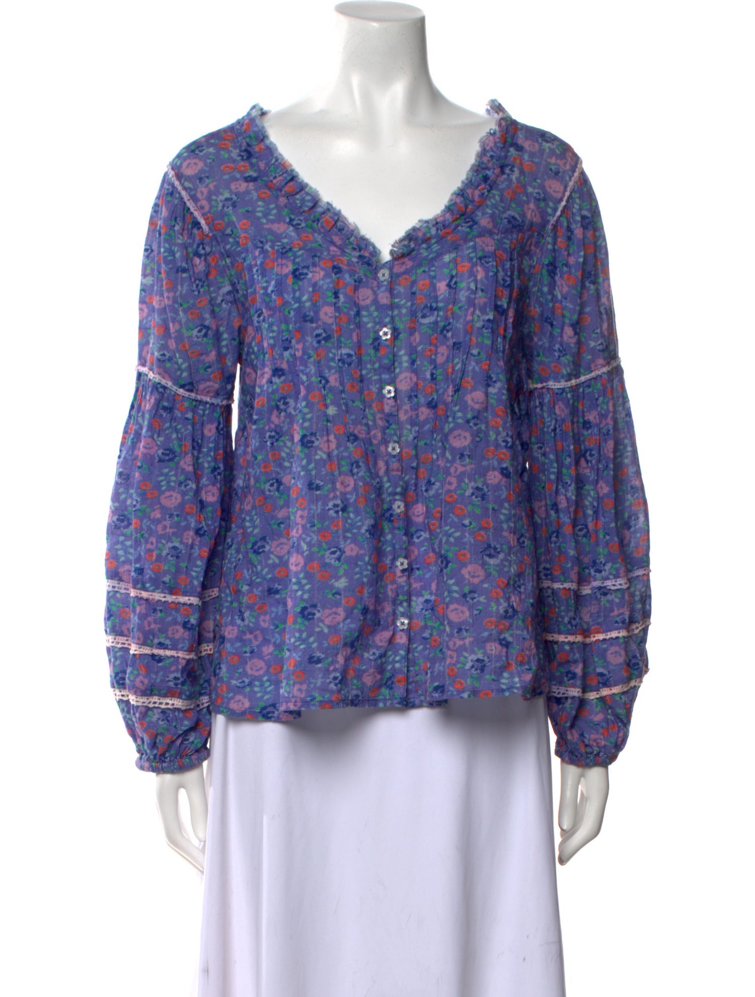 LoveShackFancy Floral Print V-Neck Blouse