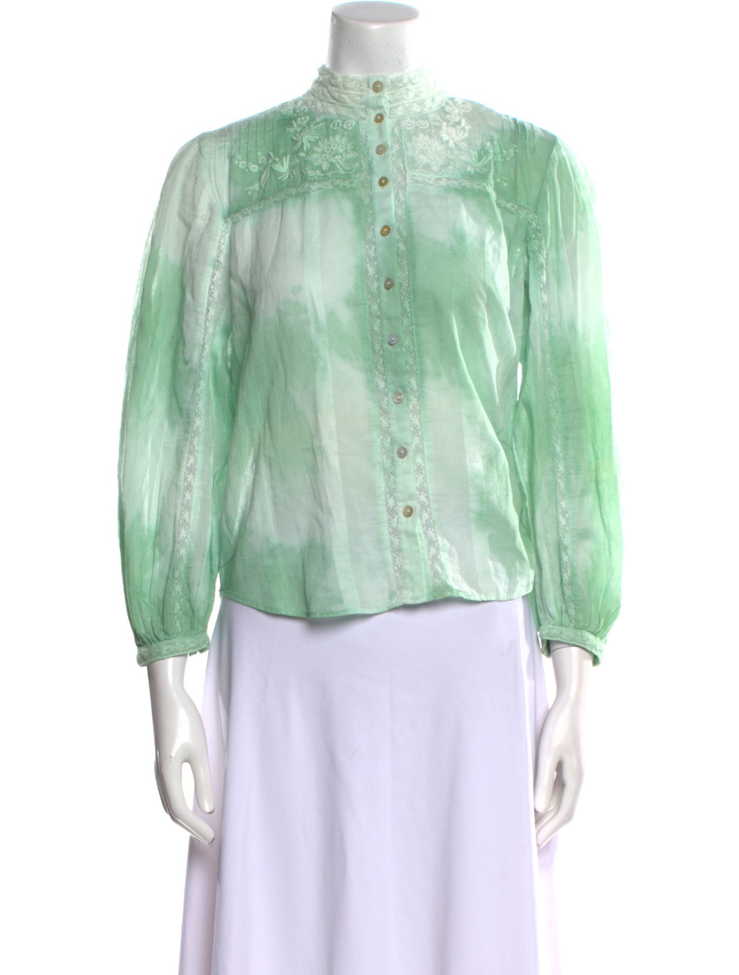 LoveShackFancy Tie-Dye Print Mock Neck Button-Up Top