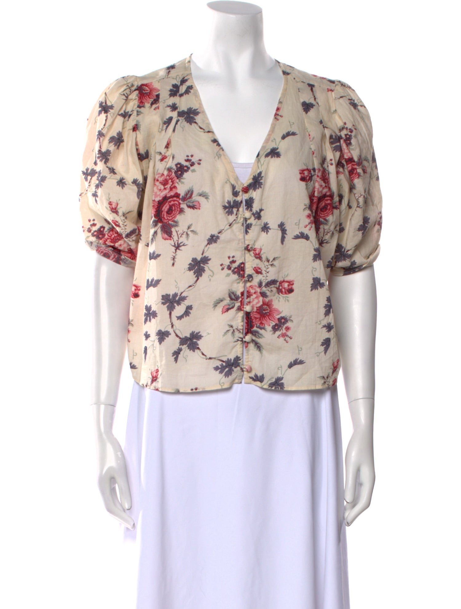 LoveShackFancy Floral Print V-Neck Blouse