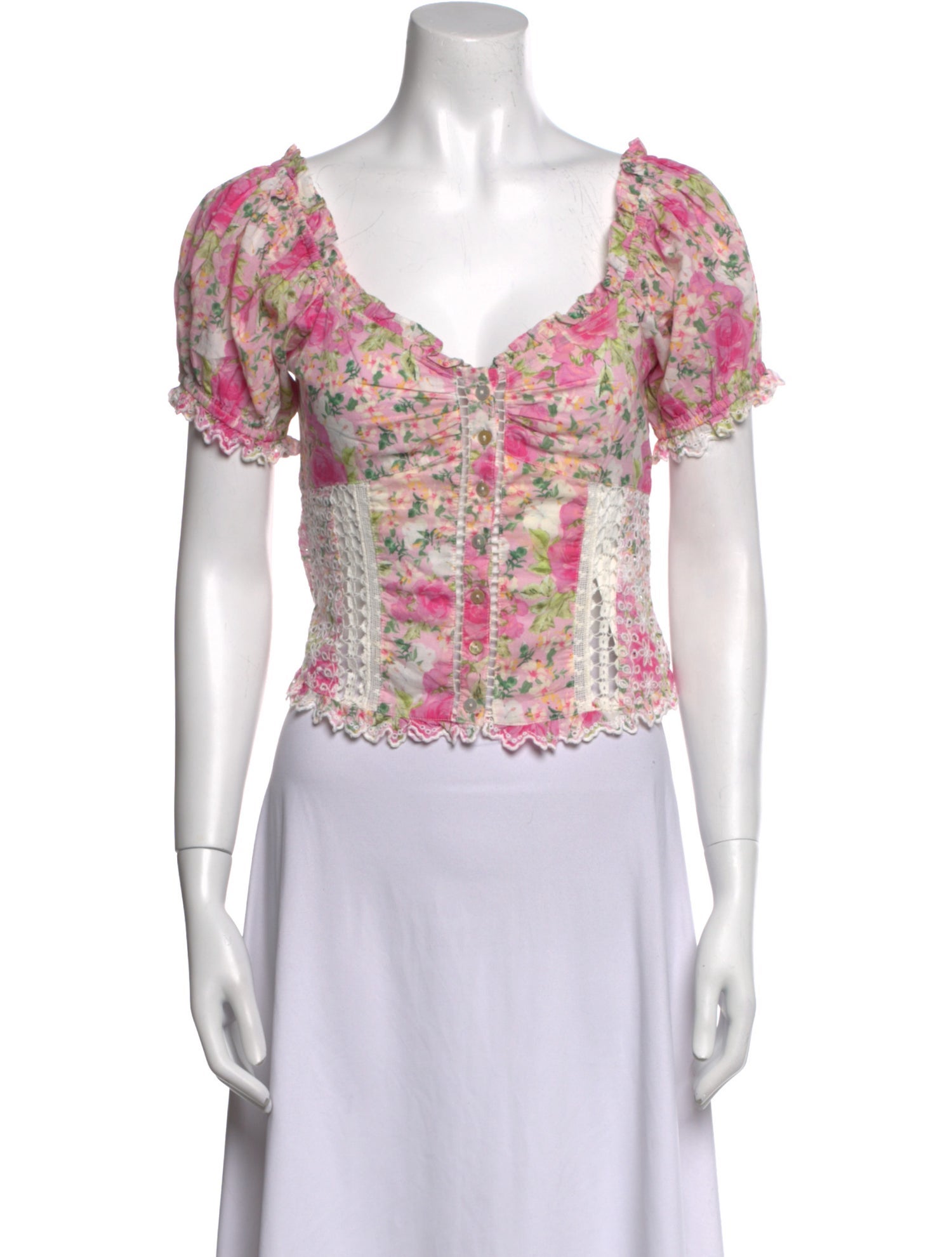 LoveShackFancy Floral Print Square Neckline Crop Top