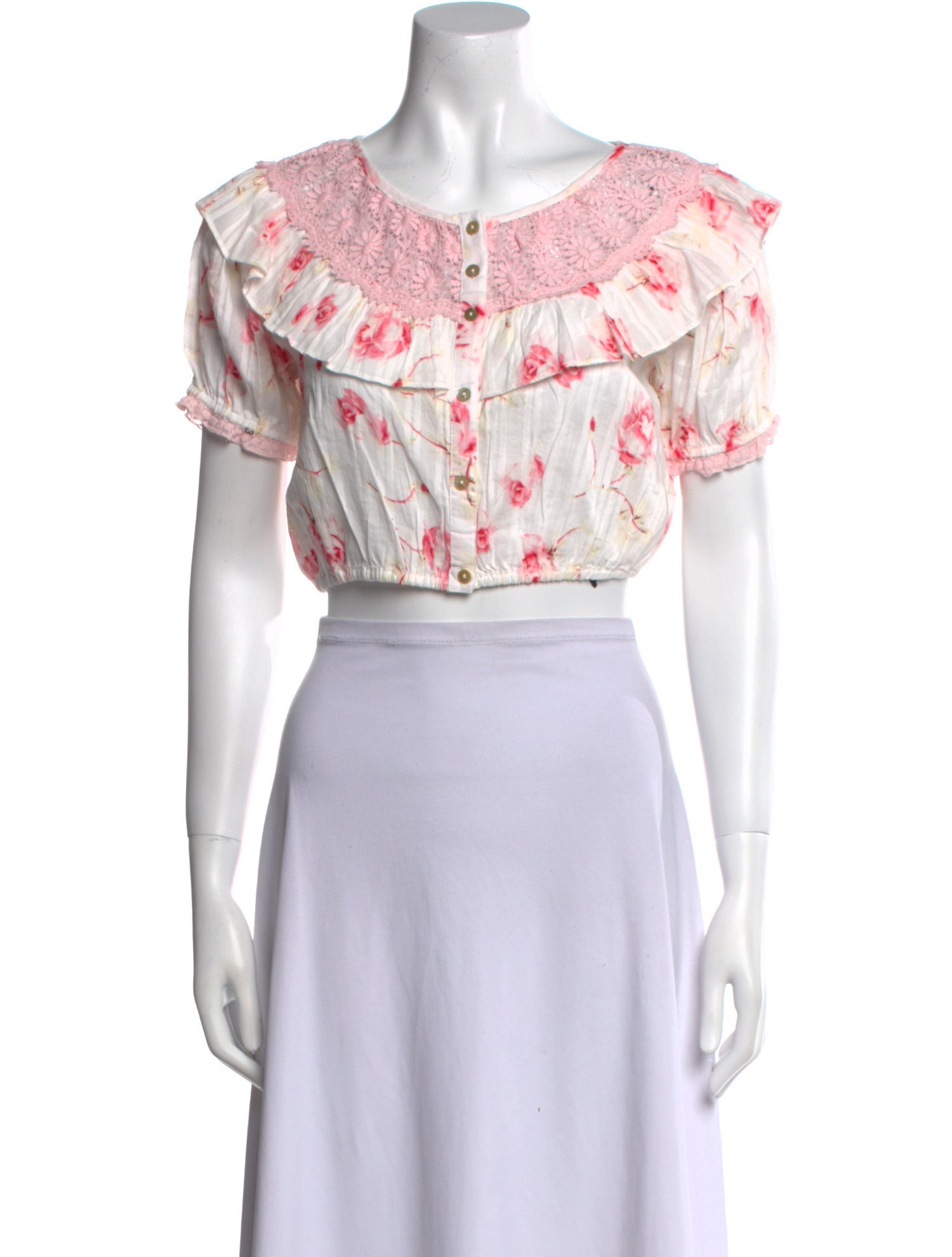 LoveShackFancy Floral Print Scoop Neck Crop Top