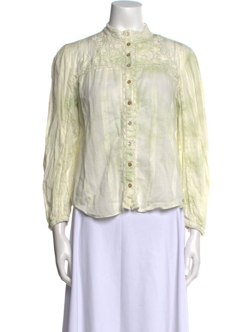 LoveShackFancy Mock Neck Three-Quarter Sleeve Button-Up Top