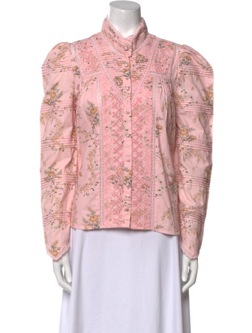 LoveShackFancy Floral Print Mock Neck Button-Up Top