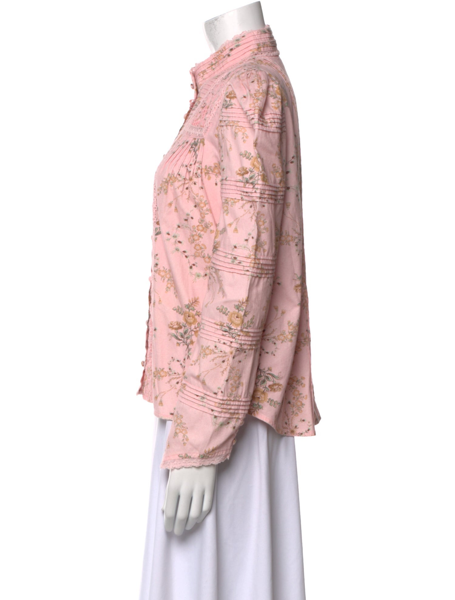 LoveShackFancy Floral Print Mock Neck Button-Up Top