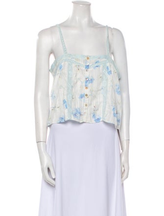 LoveShackFancy Floral Print Square Neckline Crop Top