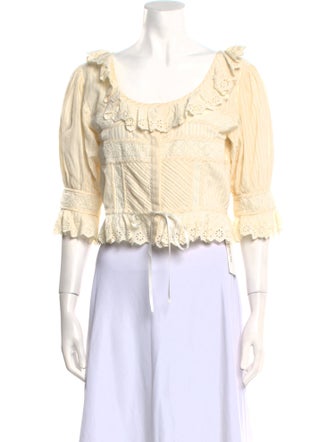 LoveShackFancy Scoop Neck Three-Quarter Sleeve Crop Top