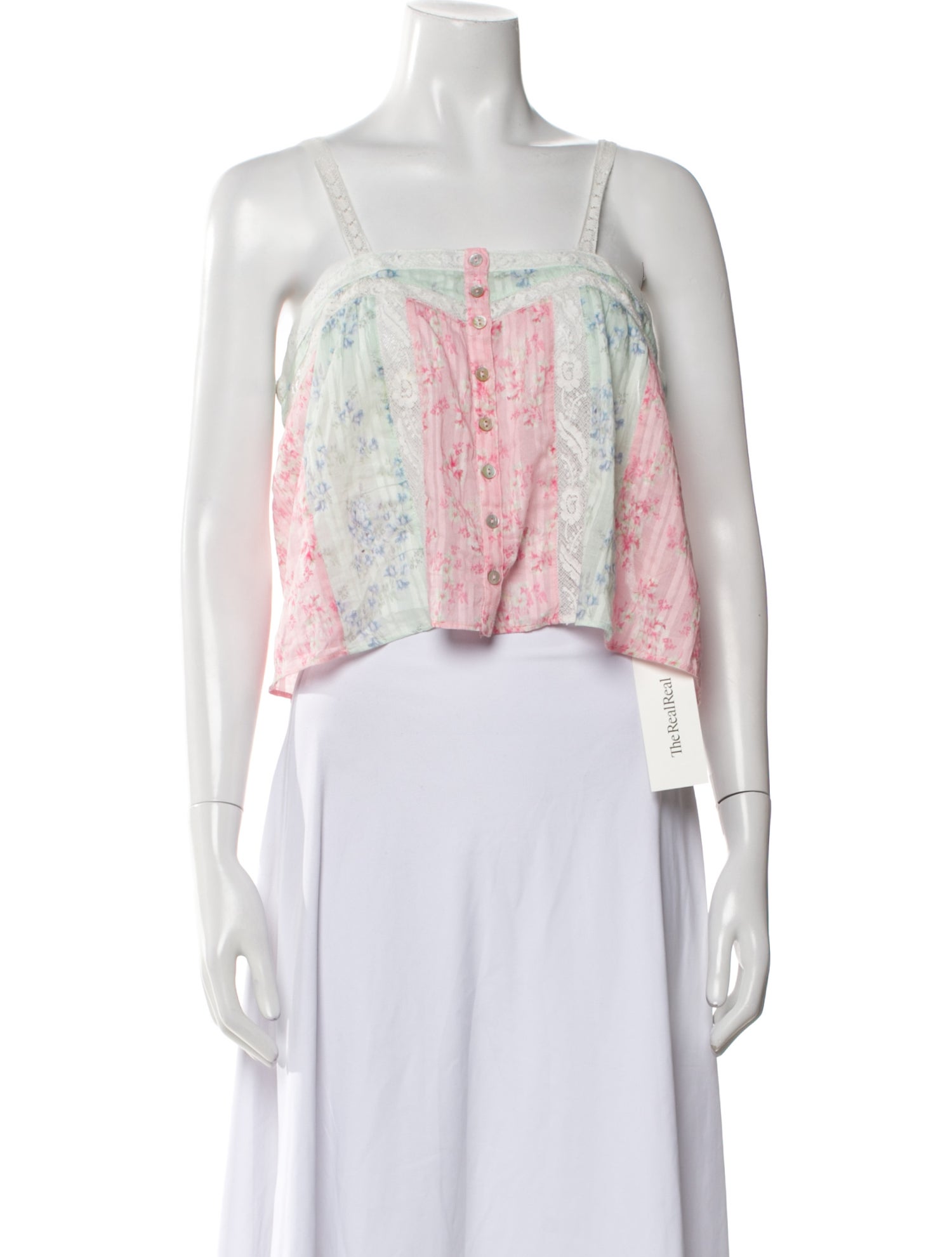 LoveShackFancy Floral Print Square Neckline Crop Top