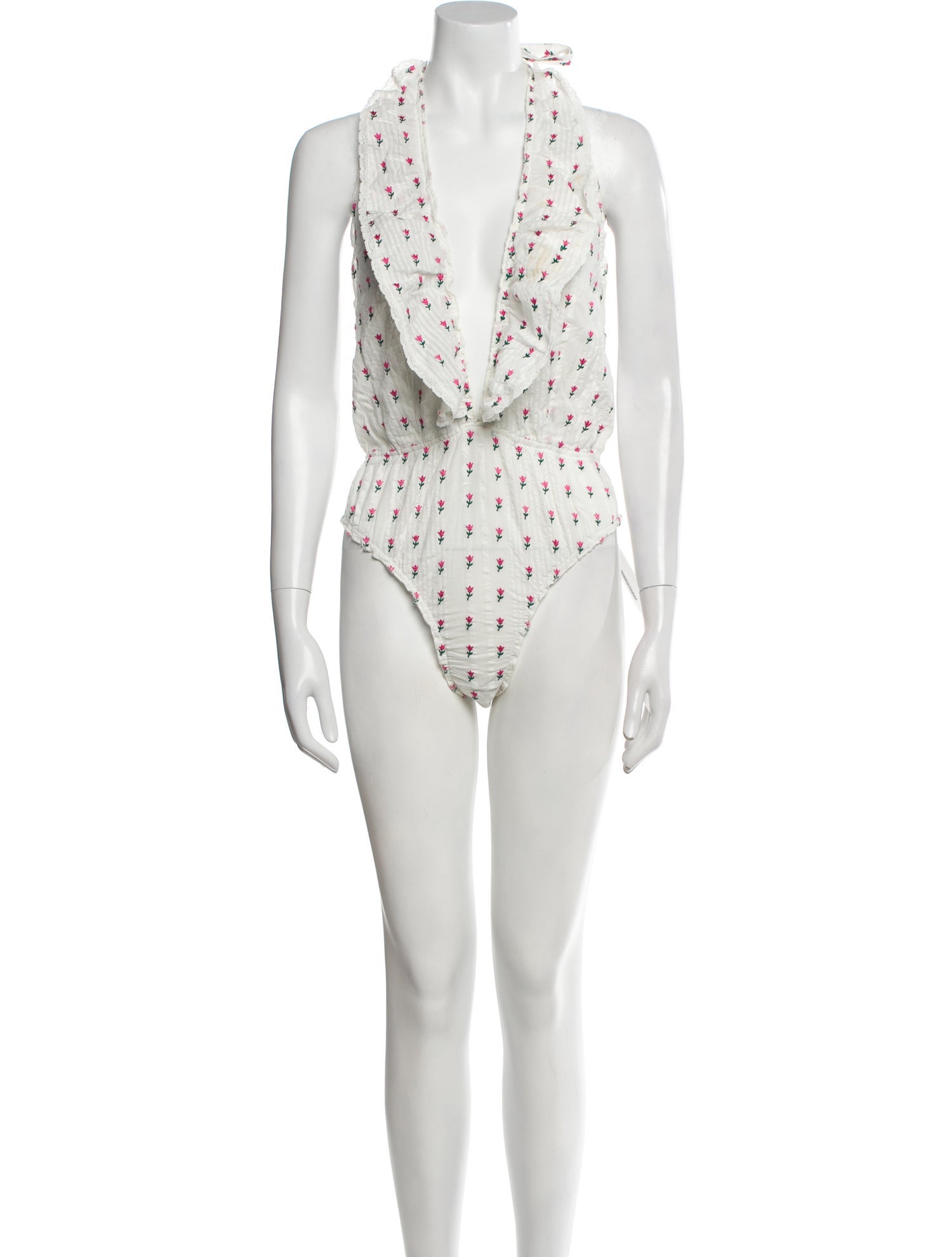 LoveShackFancy Floral Print V-Neck Bodysuit