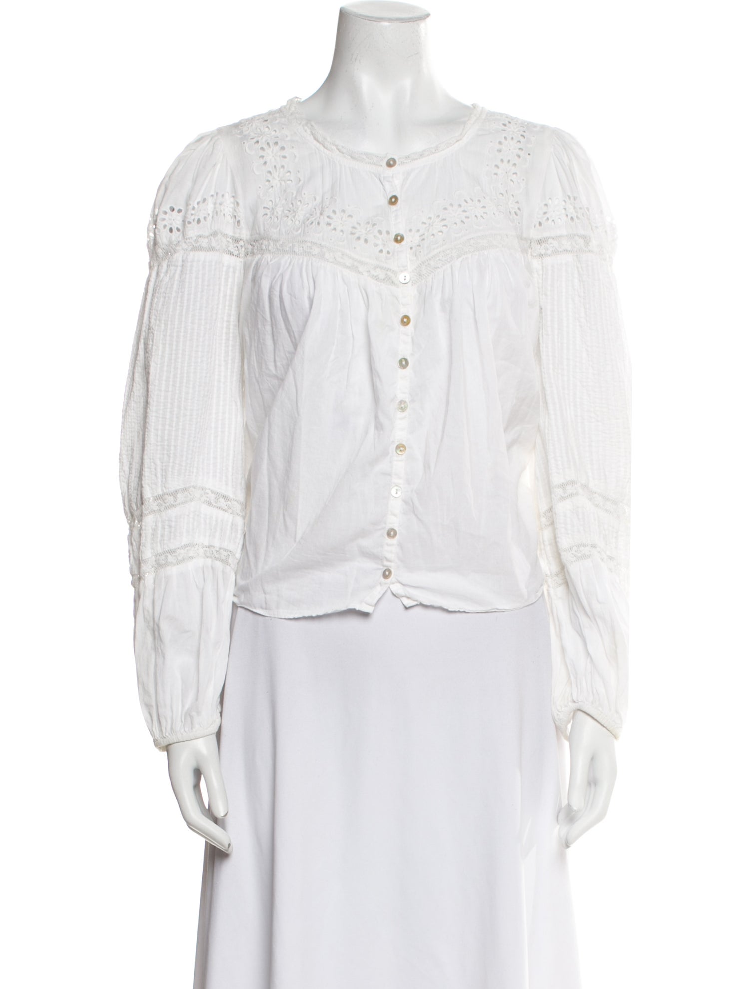 LoveShackFancy Crew Neck Long Sleeve Button-Up Top