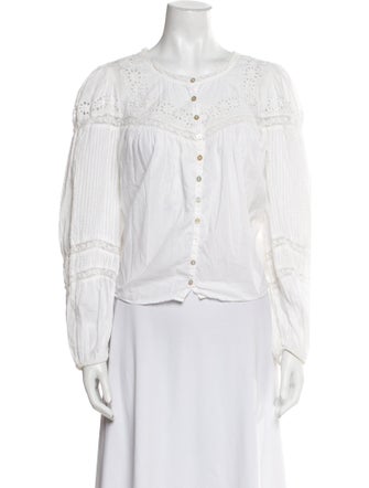 LoveShackFancy Crew Neck Long Sleeve Button-Up Top