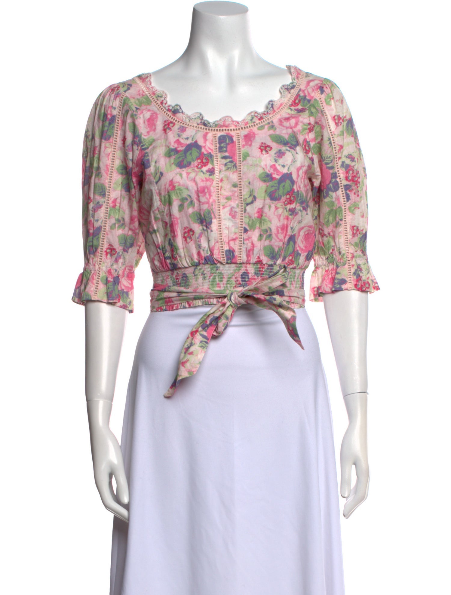 LoveShackFancy Floral Print Scoop Neck Crop Top