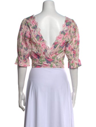 LoveShackFancy Floral Print Scoop Neck Crop Top