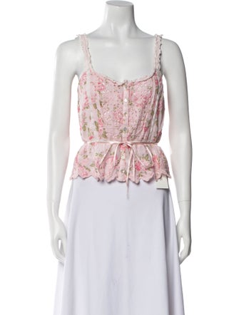 LoveShackFancy Floral Print Square Neckline Crop Top